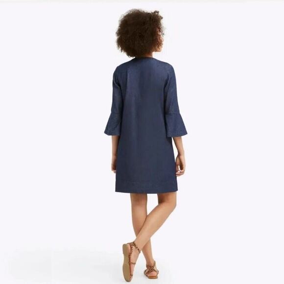 Draper James Ruffle Chambray Popover Dress 8 Dark Wash 3/4 Bell Sleeve #7466 - Picture 9 of 16